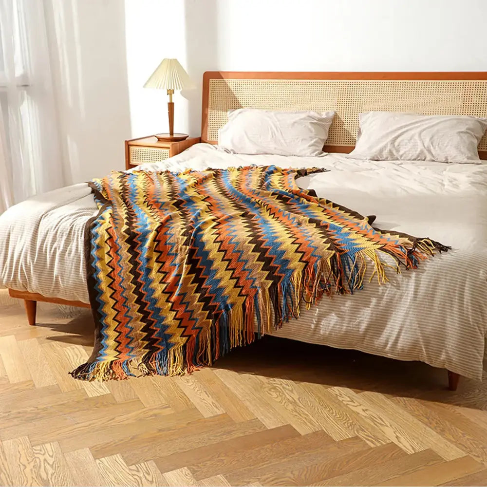 Bohemian knitted blanket multi color zigzag throw for living room