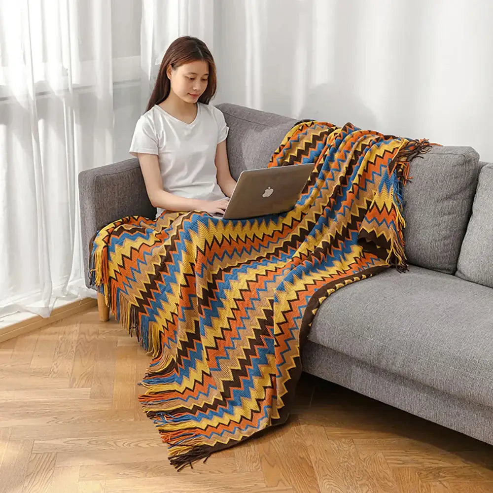 Bohemian knitted blanket multi color zigzag throw for living room