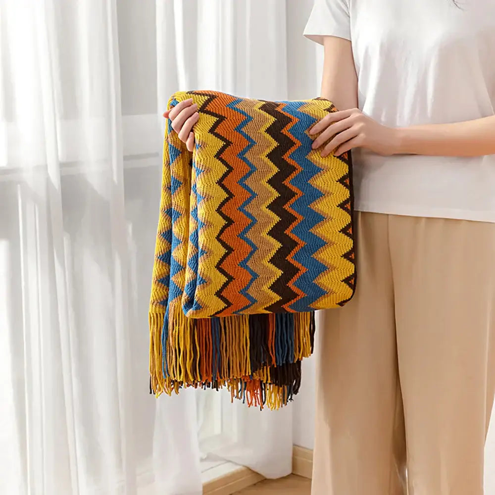 Bohemian knitted blanket multi color zigzag throw for living room