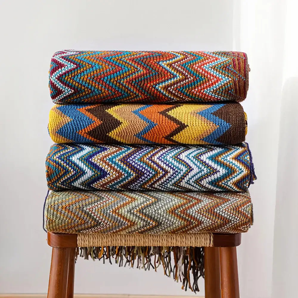 Bohemian knitted blanket multi color zigzag throw for living room