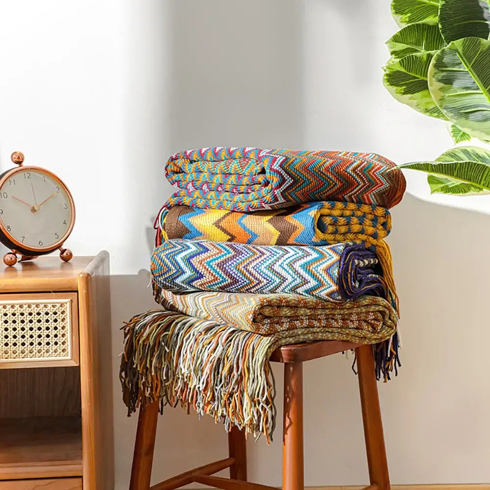 Bohemian knitted blanket multi color zigzag throw for living room