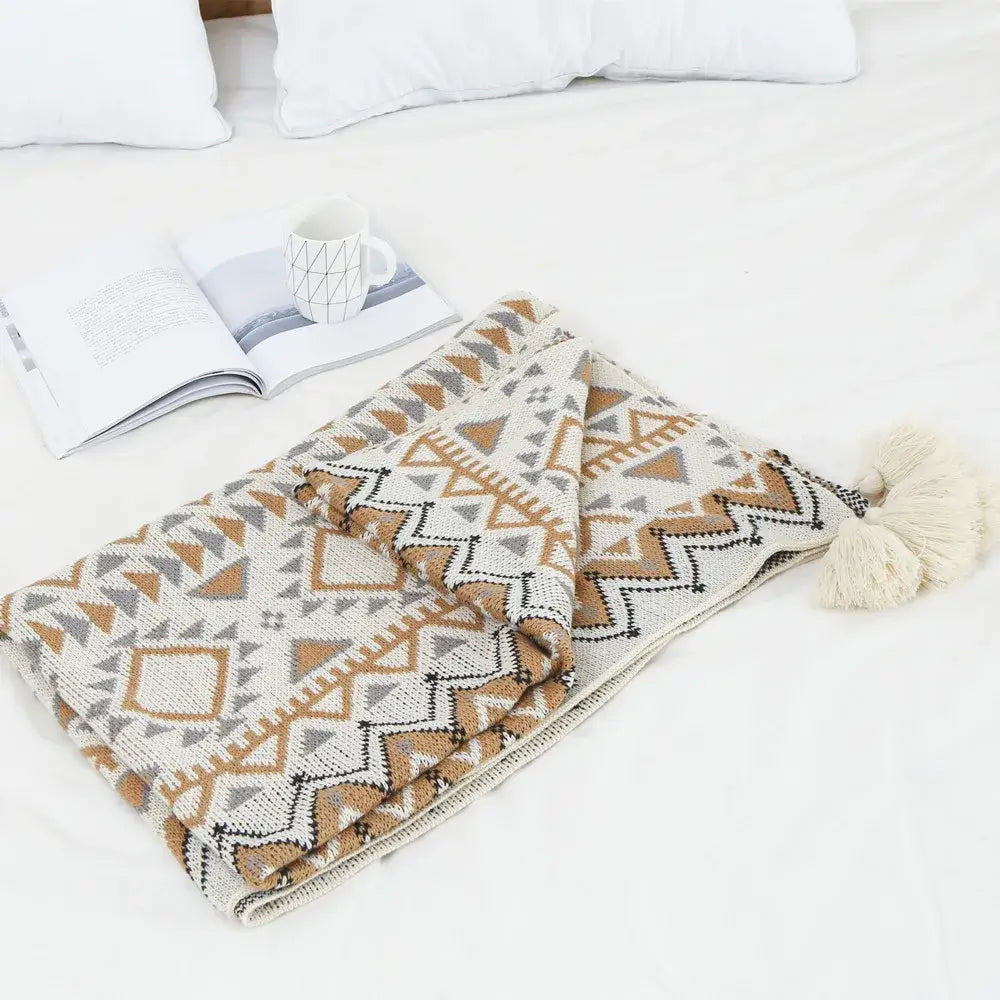 Bohemian knitted throw blanket cream geometric bedroom bedspread