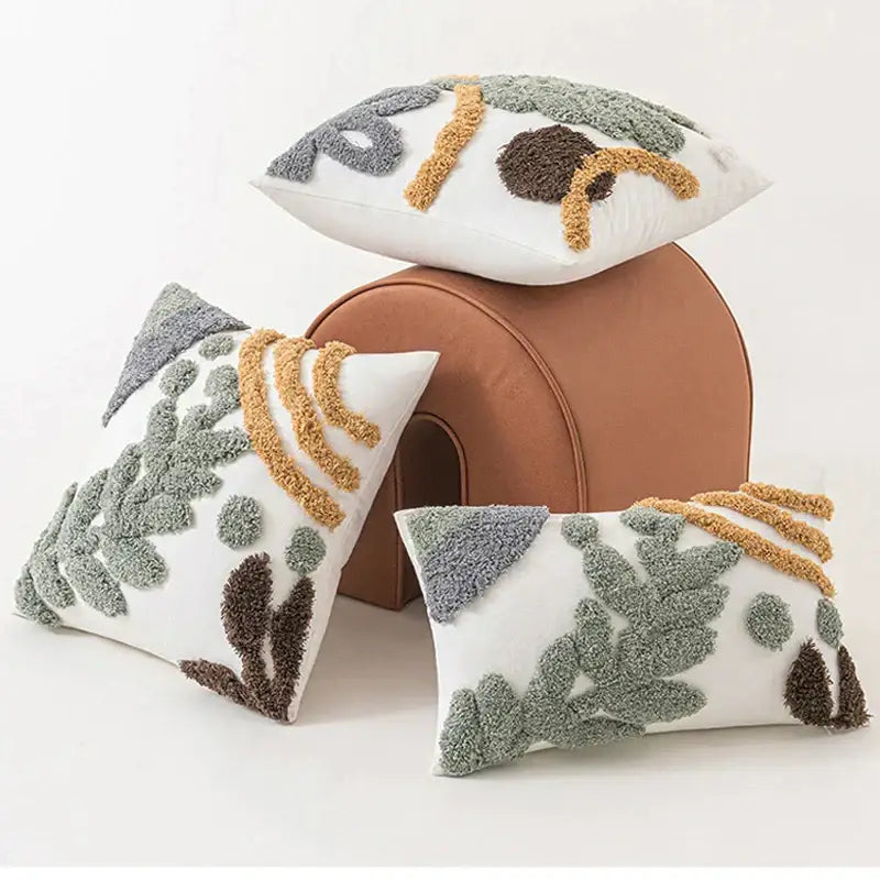Bohemian loop white plush cushion cover living room leaf decor