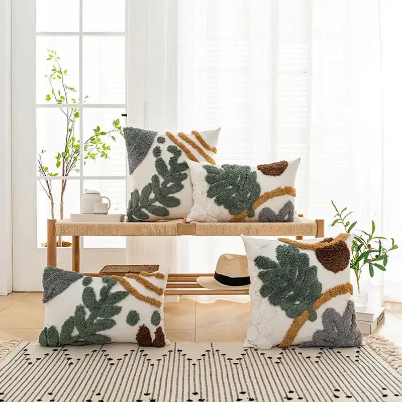 Bohemian loop white plush cushion cover living room leaf decor