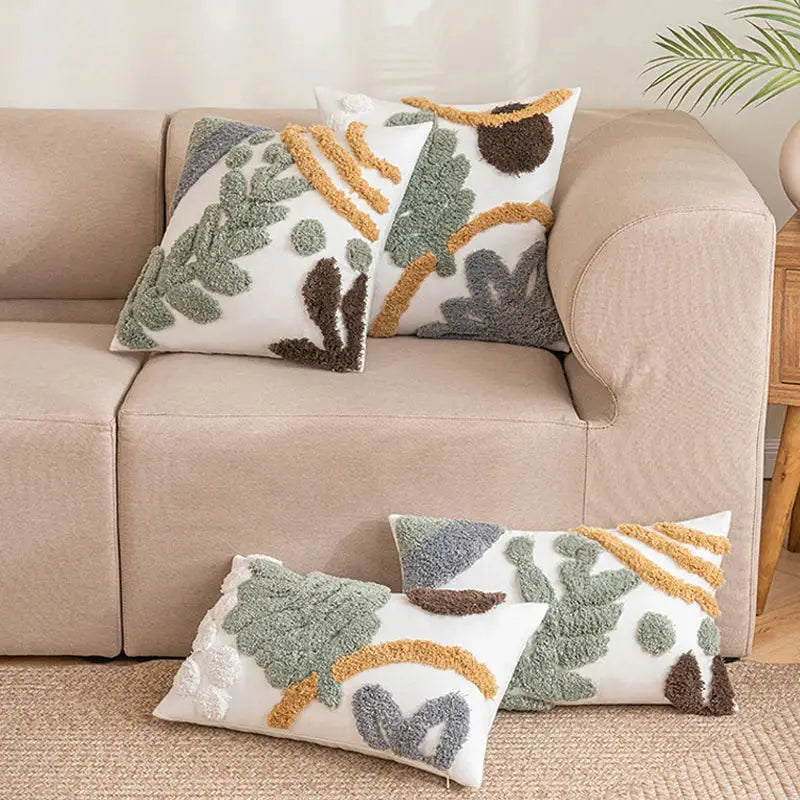 Bohemian loop white plush cushion cover living room leaf decor
