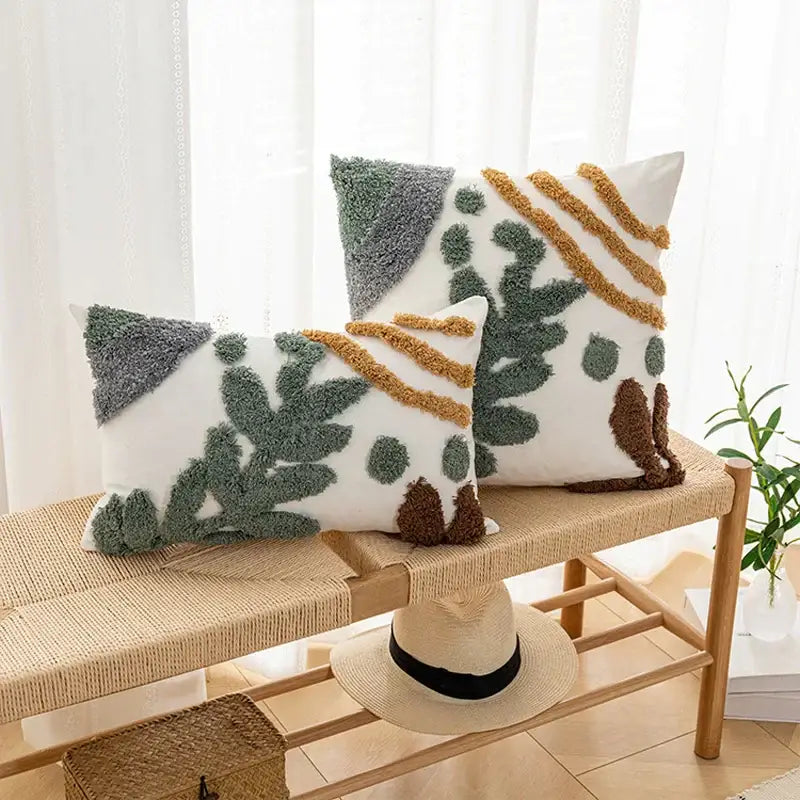 Bohemian loop white plush cushion cover living room leaf decor