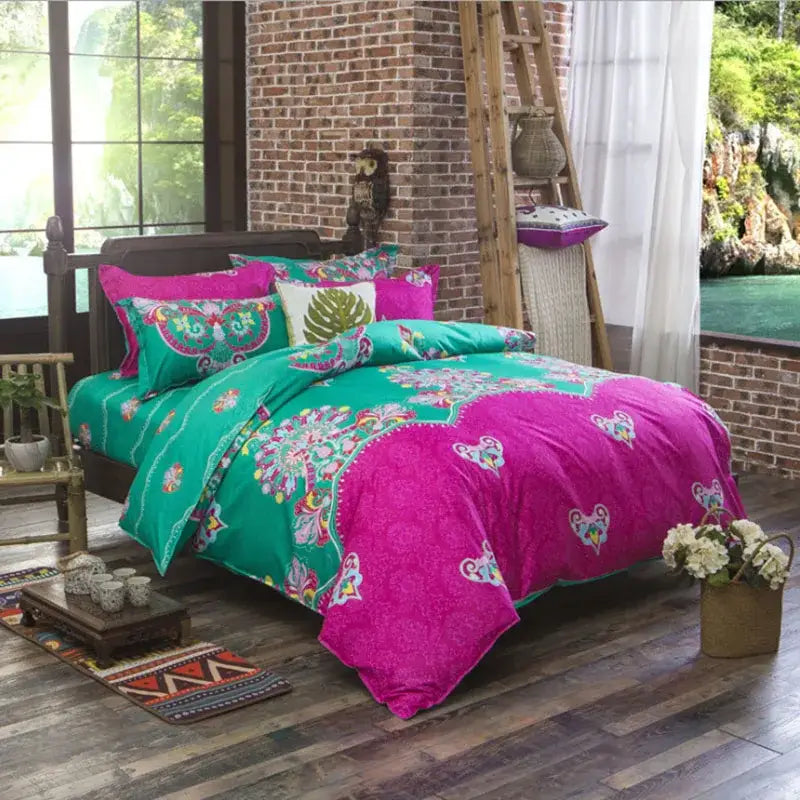 Bohemian magenta & teal ethnic print bedding set bedroom duvet cover