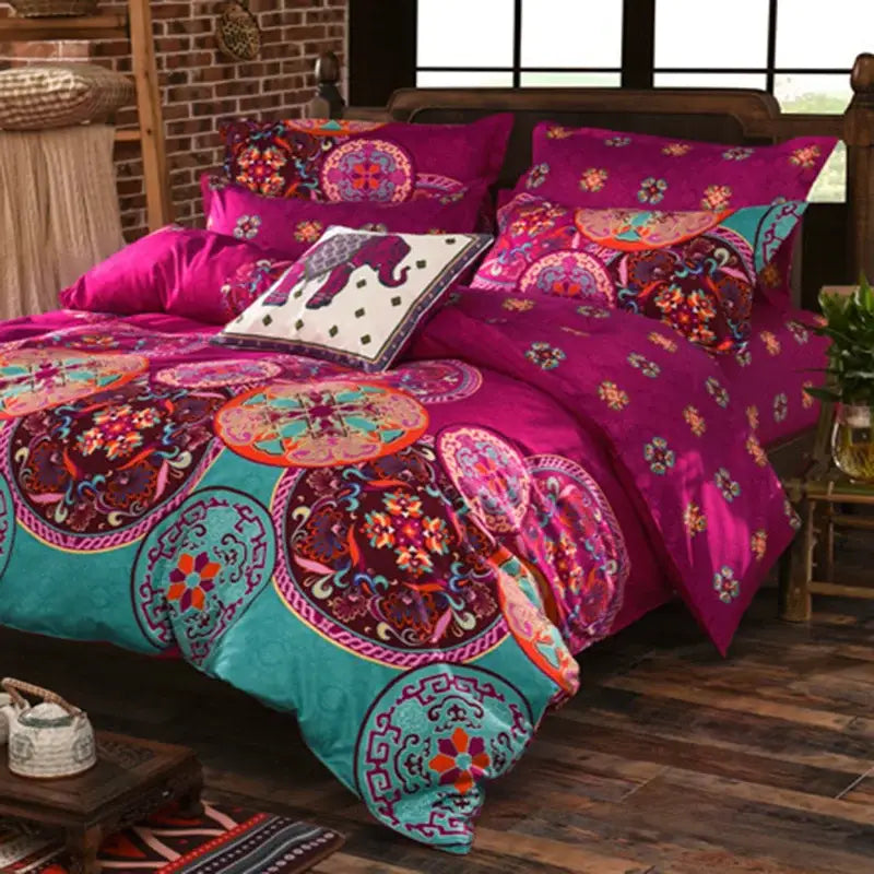 Bohemian magenta & teal ethnic print bedding set bedroom duvet cover