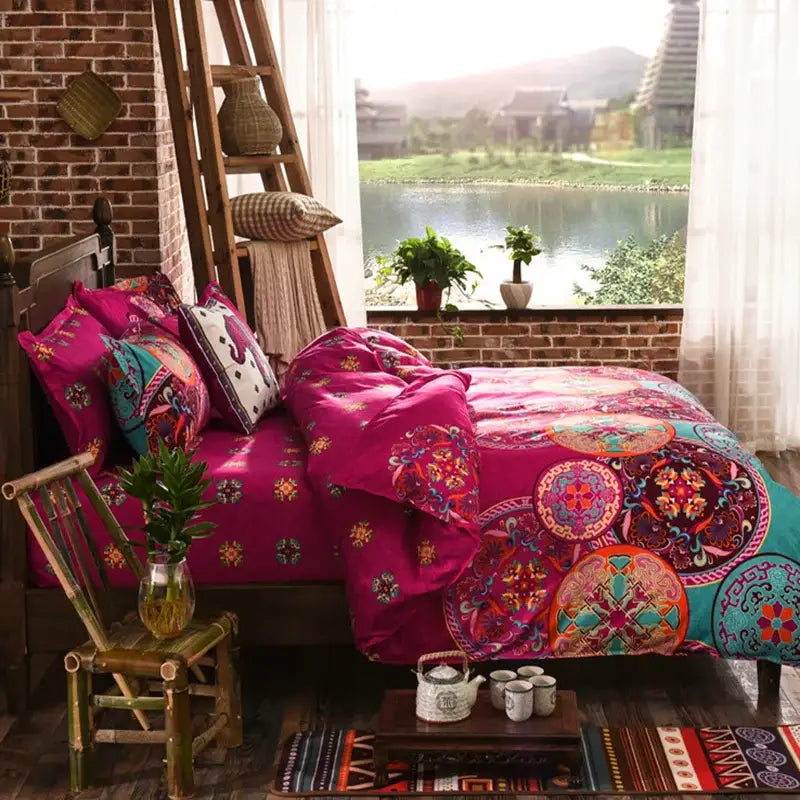 Bohemian magenta & teal ethnic print bedding set bedroom duvet cover