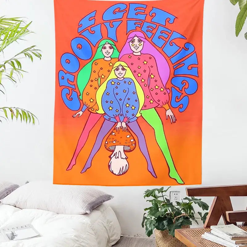 Bohemian mushroom girl tapestry orange psychedelic bedroom wall art