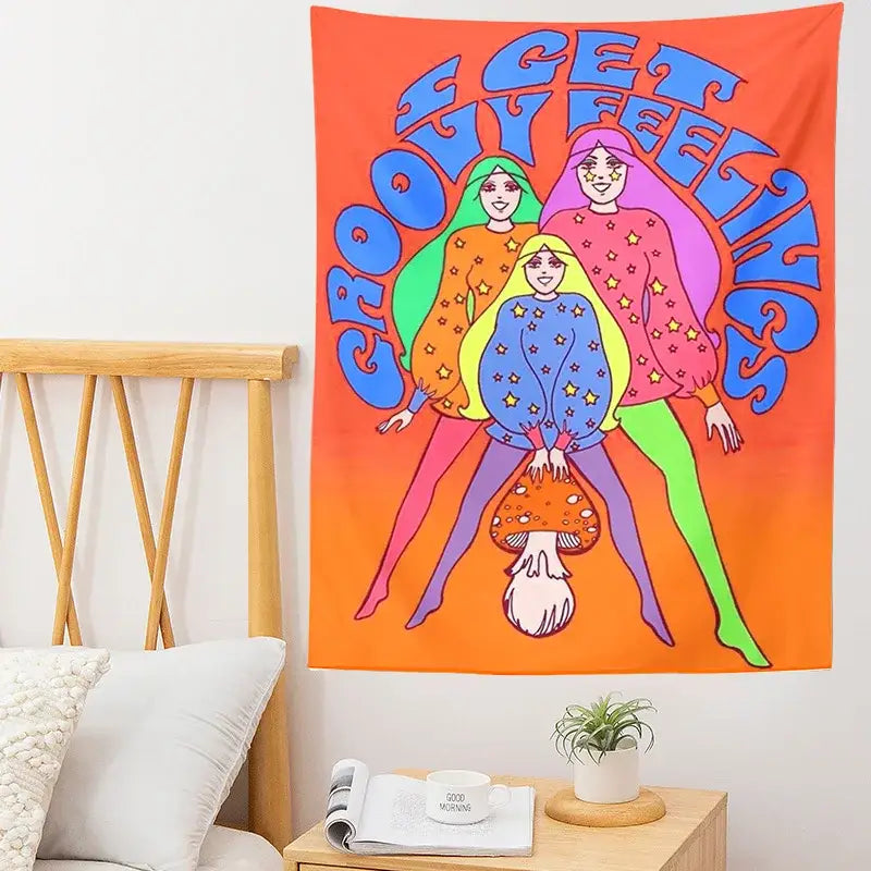 Bohemian mushroom girl tapestry orange psychedelic bedroom wall art