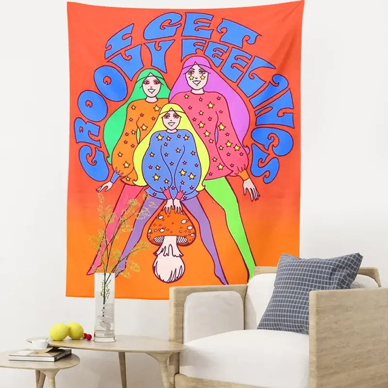 Bohemian mushroom girl tapestry orange psychedelic bedroom wall art