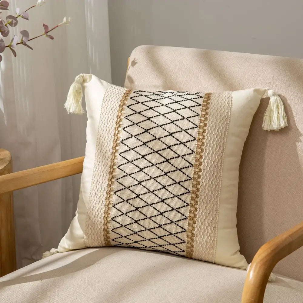 Bohemian style fringed cream & black pillow cover living room tassels