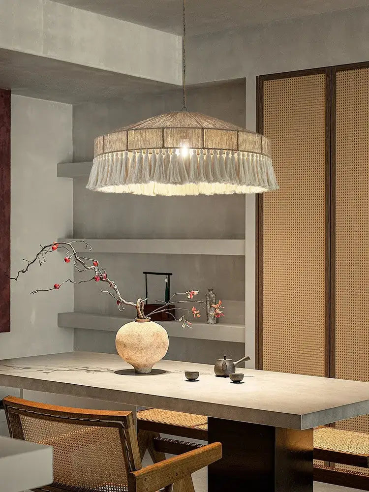 Bohemian tassel chandelier natural woven bedroom pendant light