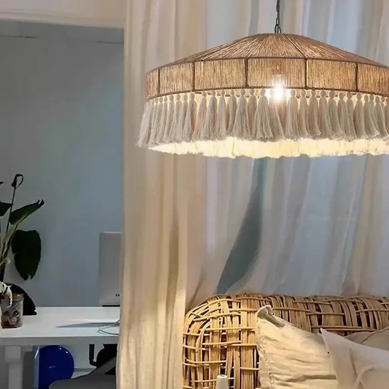 Bohemian tassel chandelier natural woven bedroom pendant light