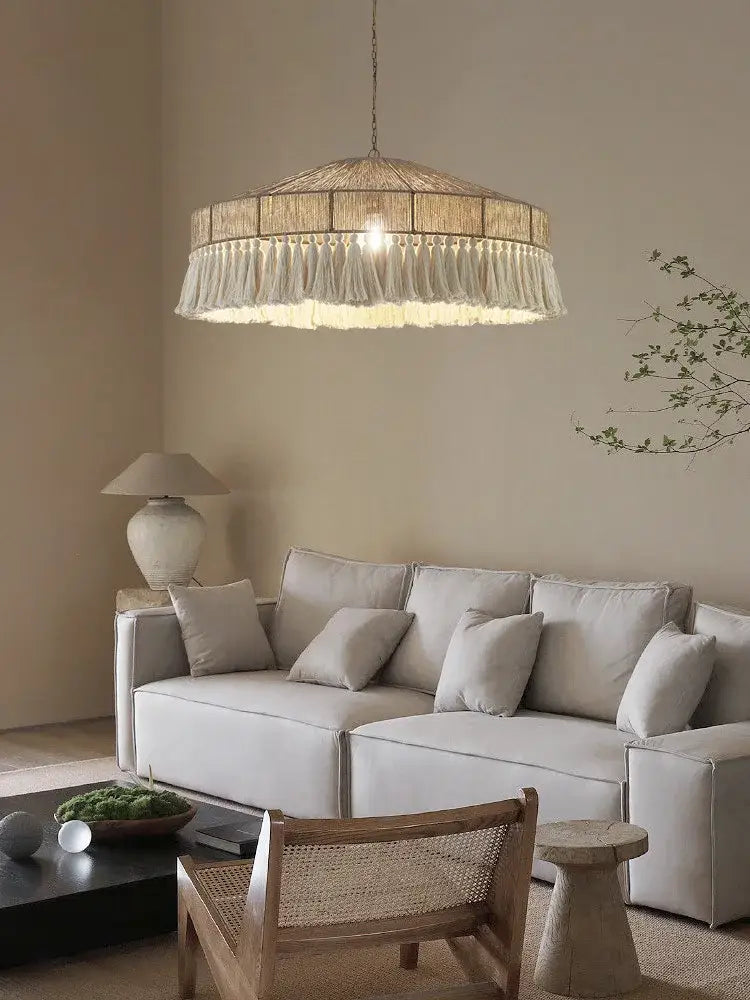 Bohemian tassel chandelier natural woven bedroom pendant light