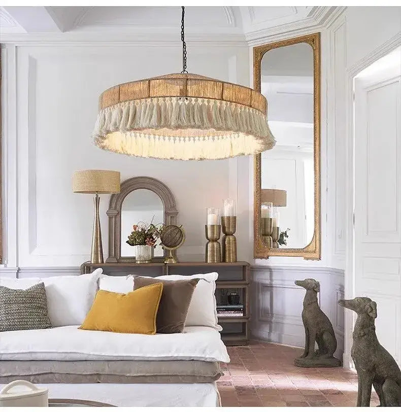 Bohemian tassel chandelier natural woven bedroom pendant light