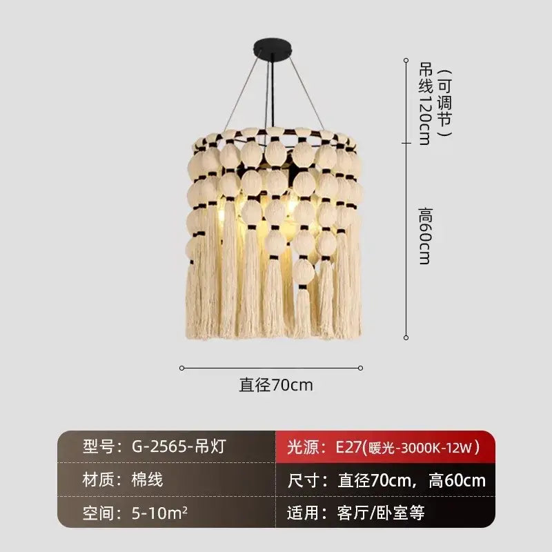 Bohemian tassel pendant led light beige macrame bedroom decor