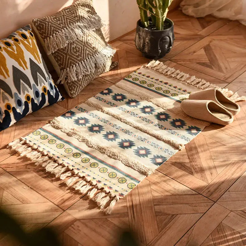 Bohemian tassel rug beige & rust geometric living room carpet