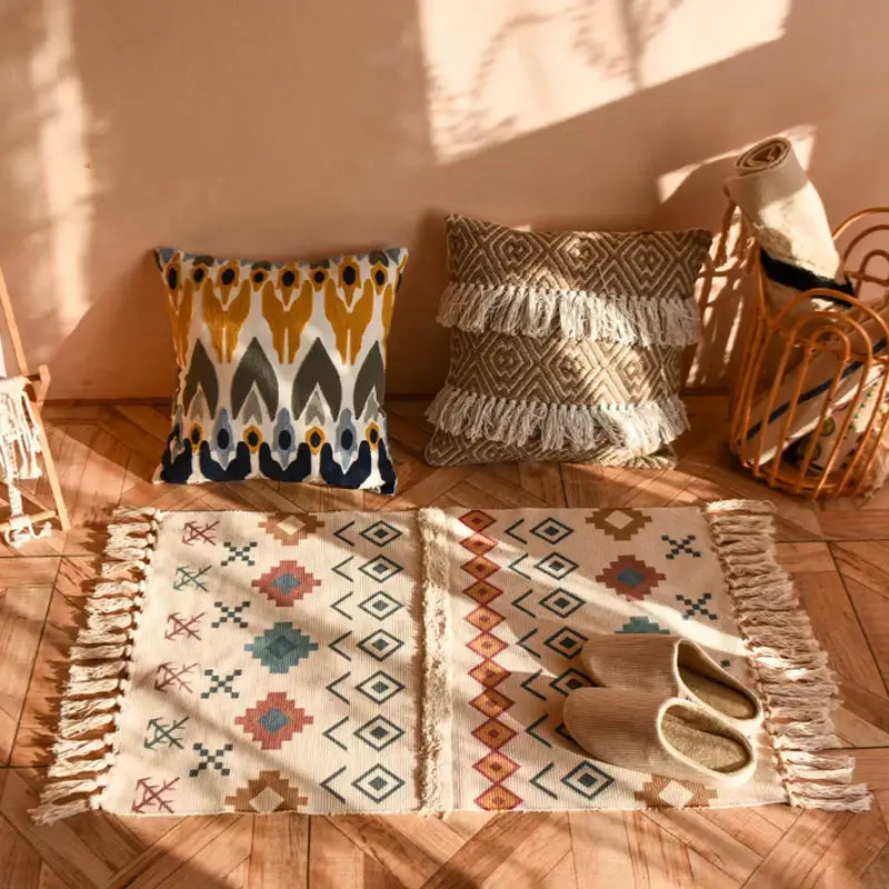 Bohemian tassel rug beige & rust geometric living room carpet