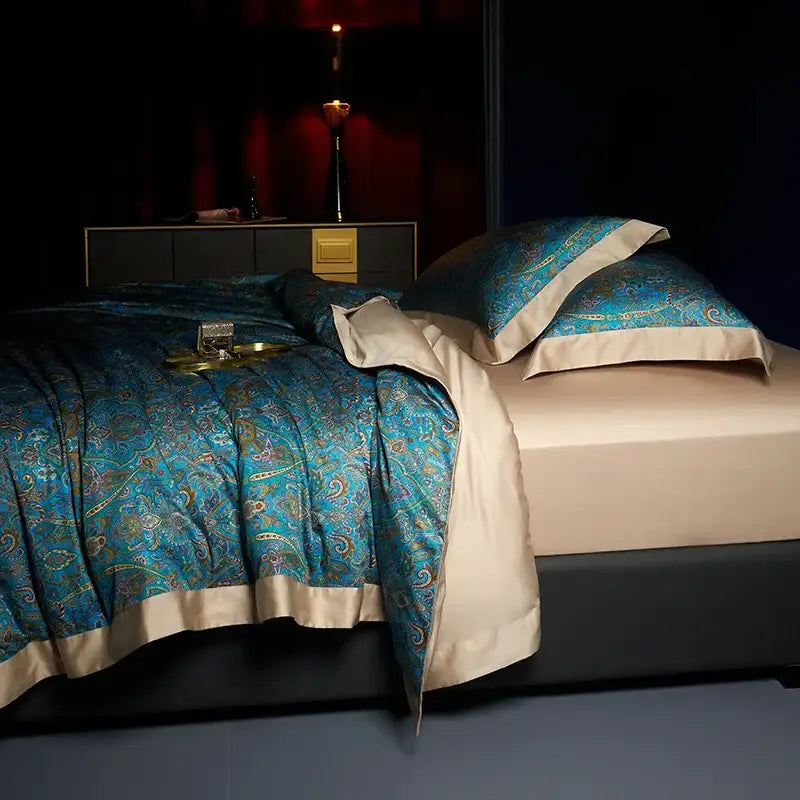 Bohemian teal & gold egyptian cotton bedding set bedroom paisley