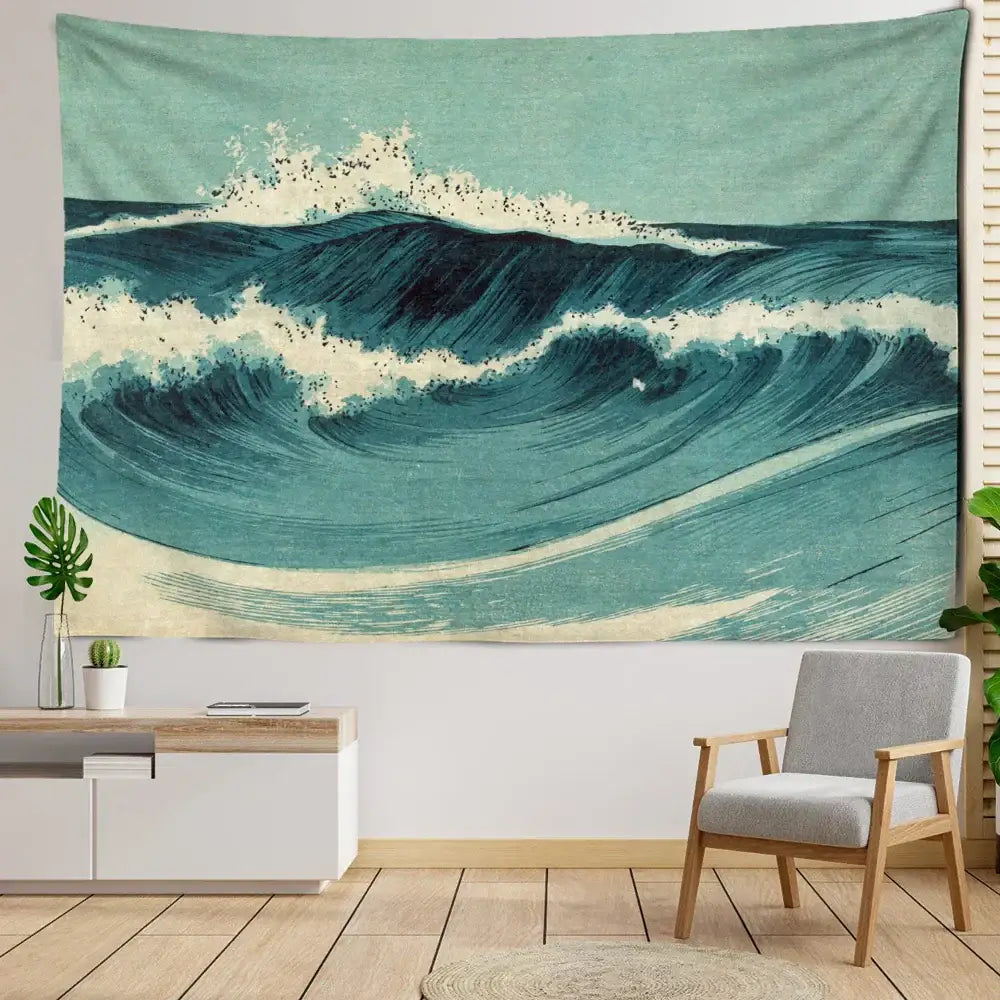 Bohemian teal & white blue wave oil painting tapestry bedroom decor