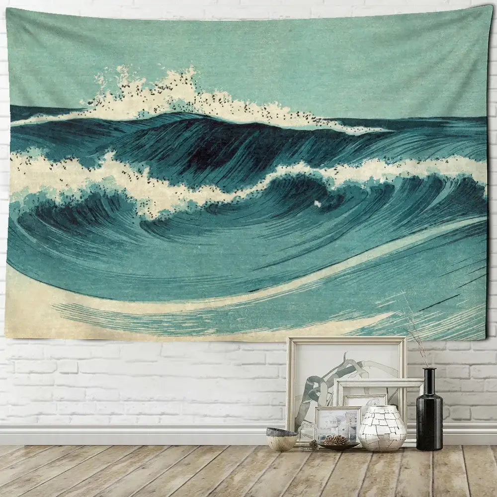 Bohemian teal & white blue wave oil painting tapestry bedroom decor