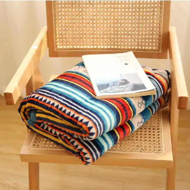 Bohemian winter blanket multicolored striped fleece for living room