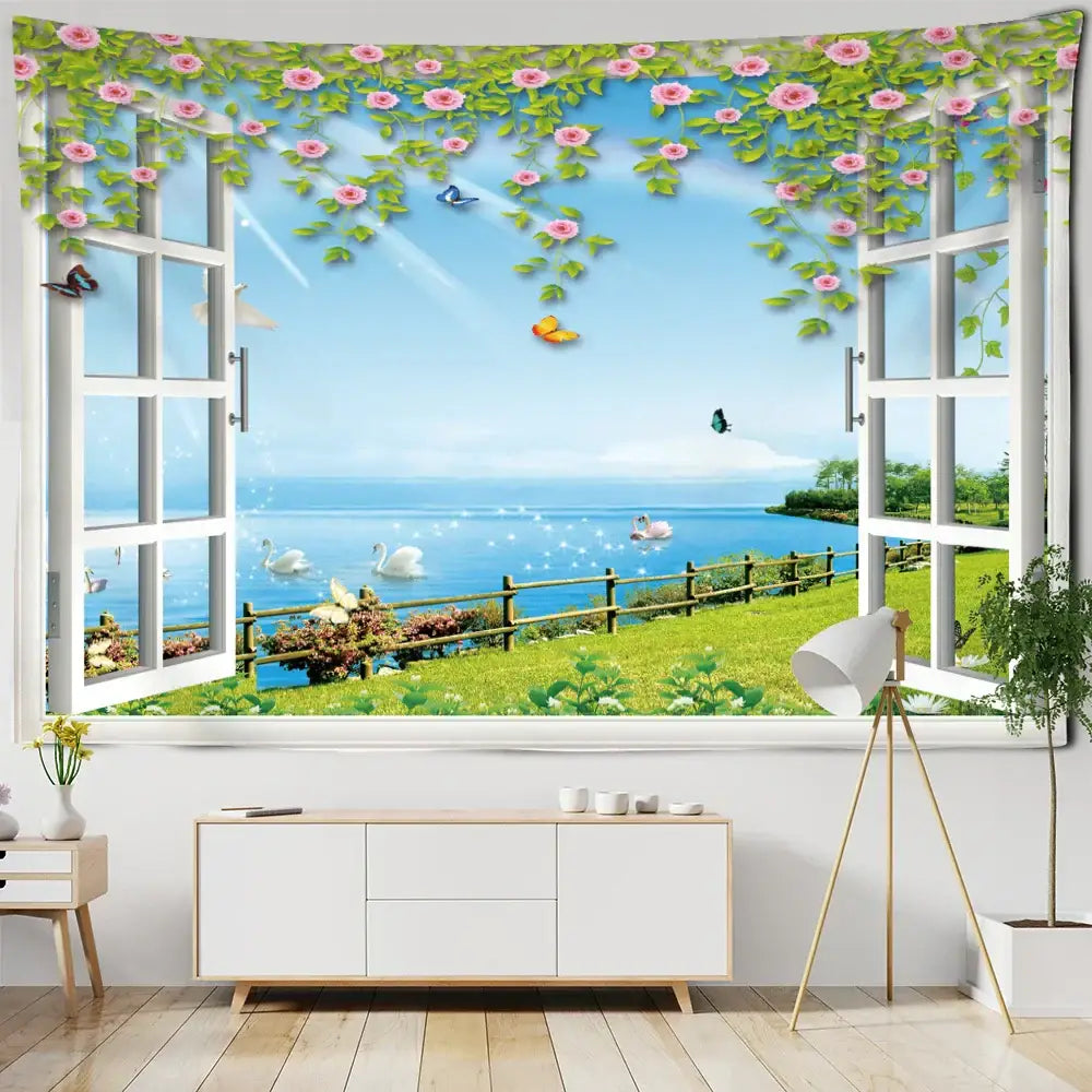 Bohemian wood tapestry wall hanging garden scene bedroom decor
