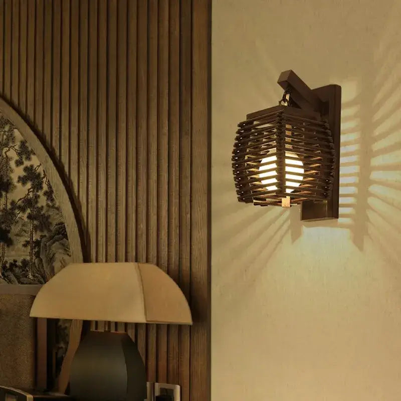 Boho bamboo wall sconce light – corridor woven wood slat design