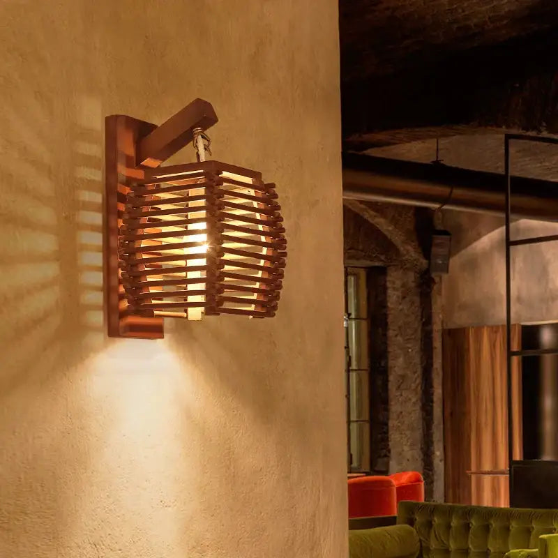 Boho bamboo wall sconce light – corridor woven wood slat design