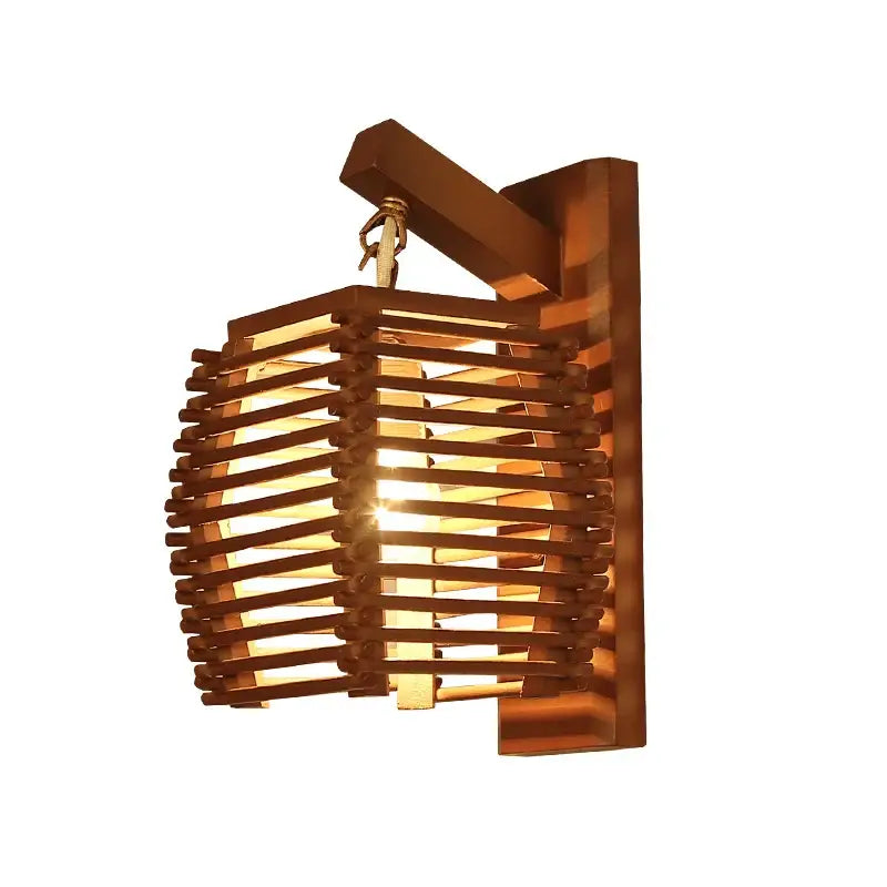 Boho bamboo wall sconce light – corridor woven wood slat design