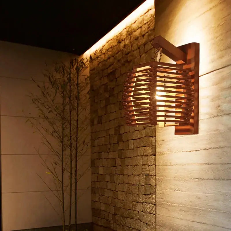 Boho bamboo wall sconce light – corridor woven wood slat design