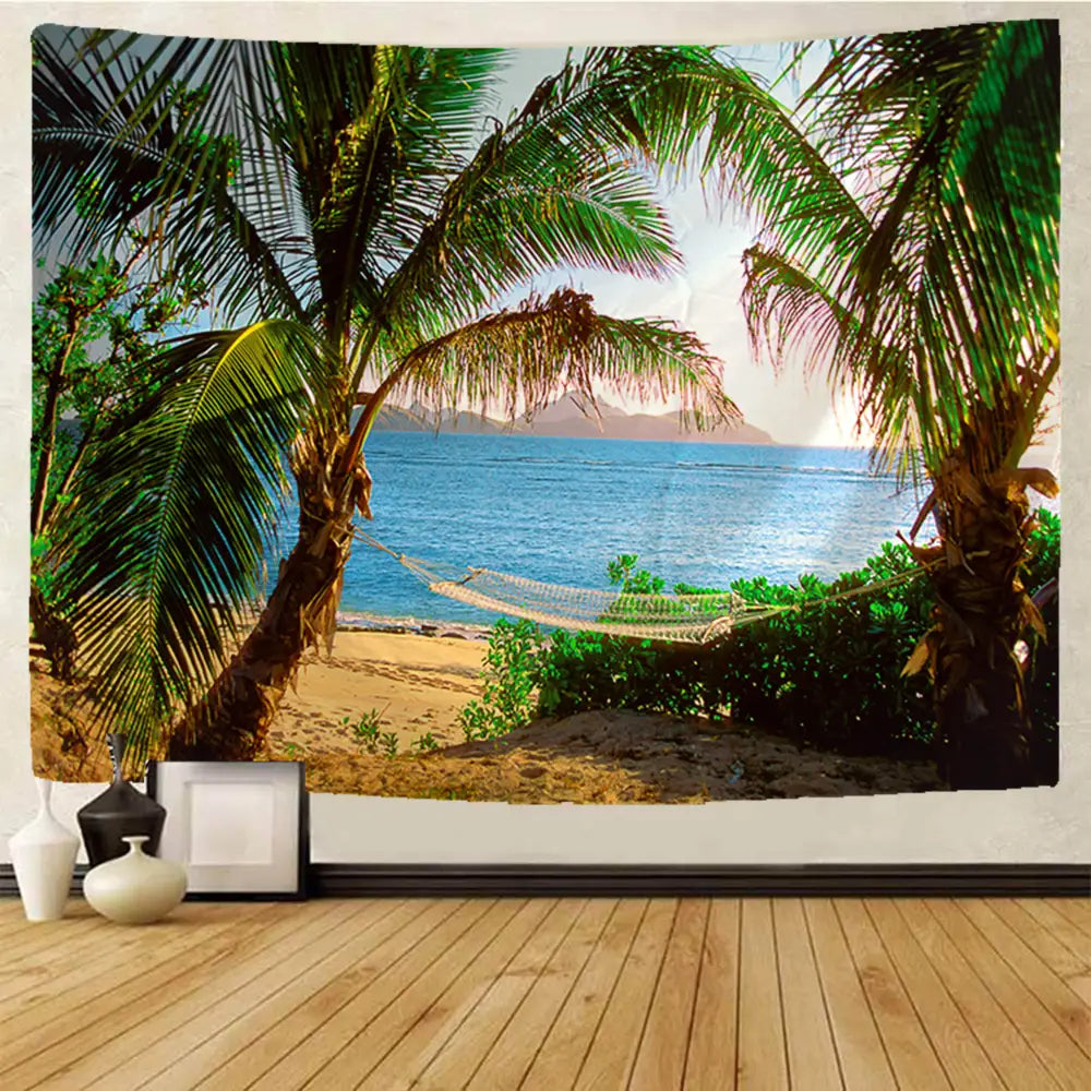 Boho beige beach view mandala tapestry bedroom wall hanging