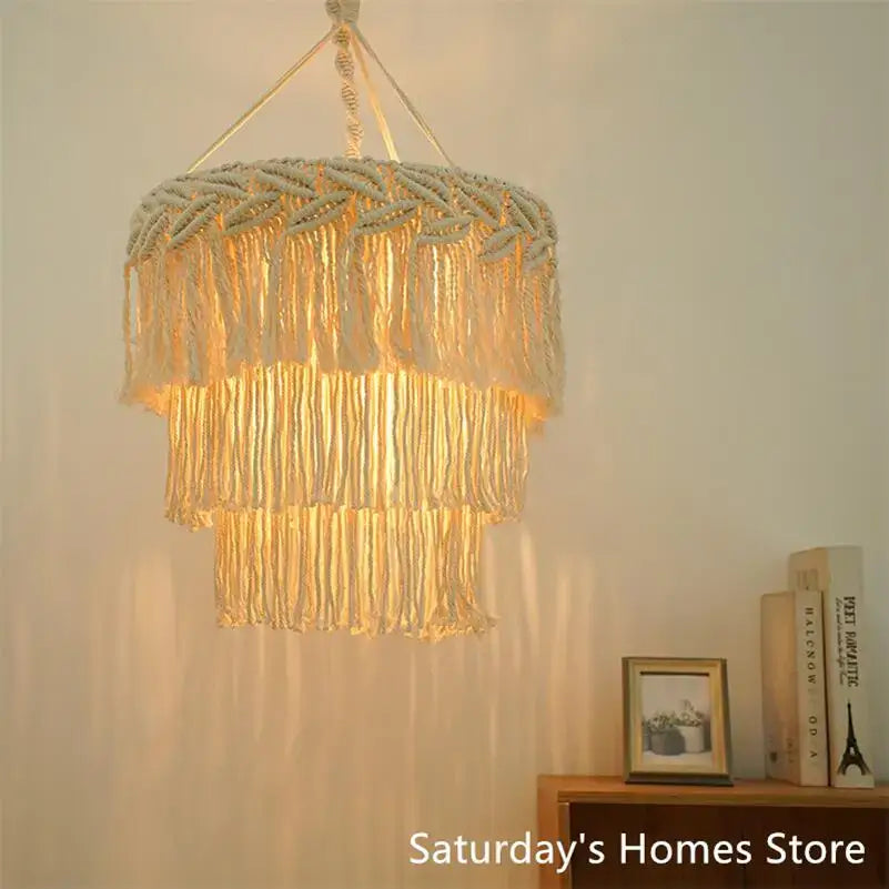 Boho beige macrame pendant light cover for bedroom chandelier