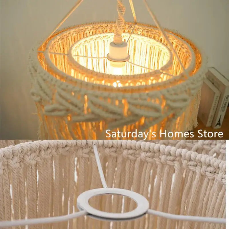 Boho beige macrame pendant light cover for bedroom chandelier