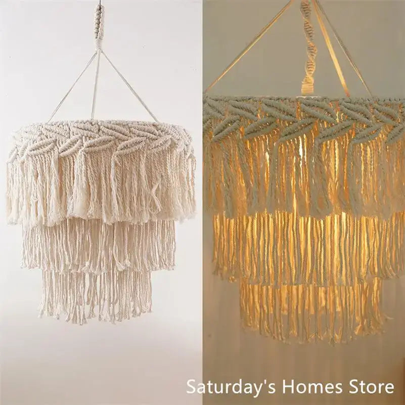 Boho beige macrame pendant light cover for bedroom chandelier