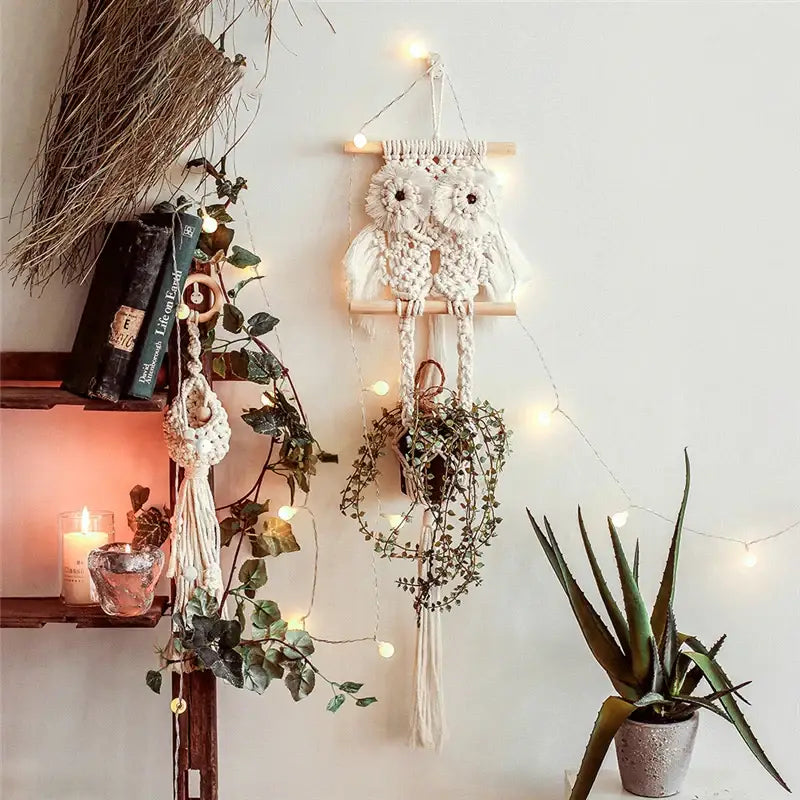 Boho beige macrame plant hanger basket wall art living room decor