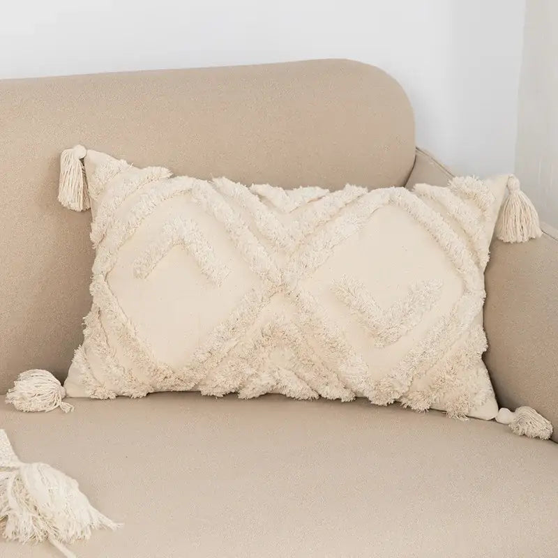 Boho beige tasseled cushion cover living room woven pillow case