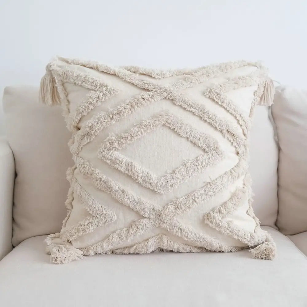 Boho beige white striped pillow cases living room tassel fringed decor