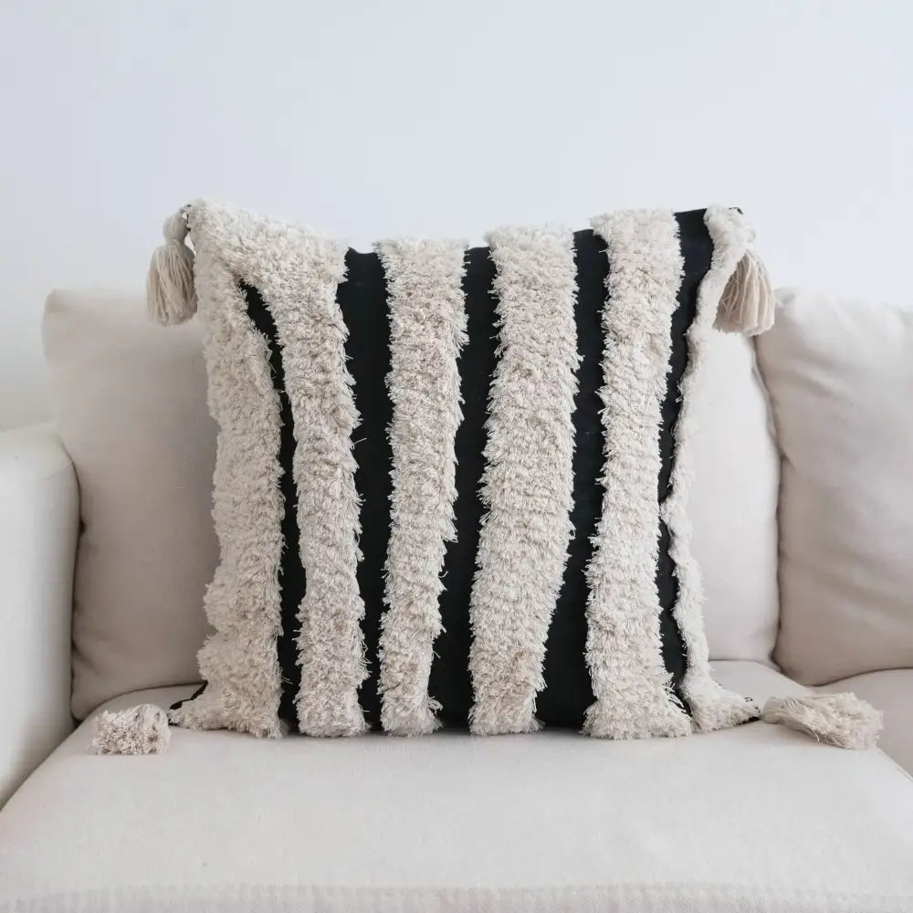 Boho beige white striped pillow cases living room tassel fringed decor