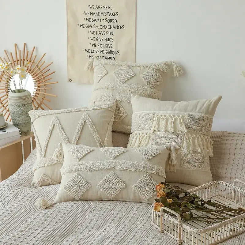 Boho beige white tufted tassel pillow covers bedroom decor