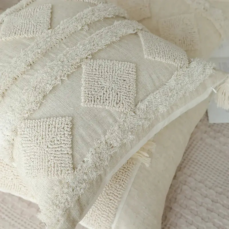 Boho beige white tufted tassel pillow covers bedroom decor
