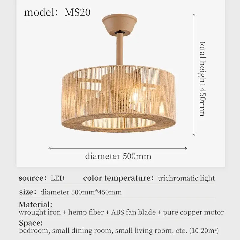 Boho beige woven rattan ceiling fan light for living room