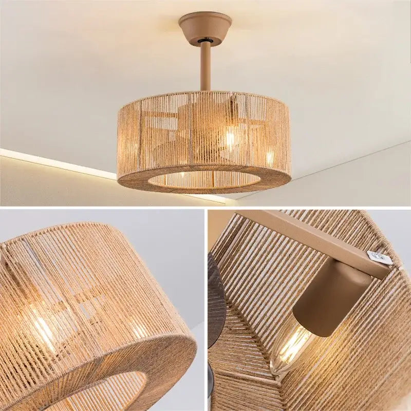 Boho beige woven rattan ceiling fan light for living room