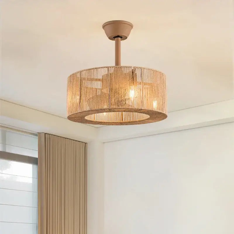 Boho beige woven rattan ceiling fan light for living room