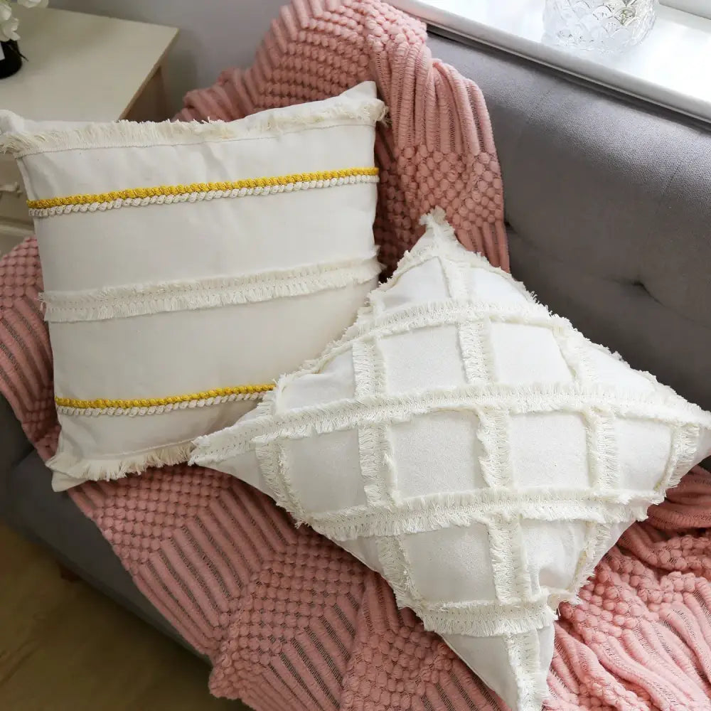 Boho beige & yellow linen cotton pillow cover living room decor