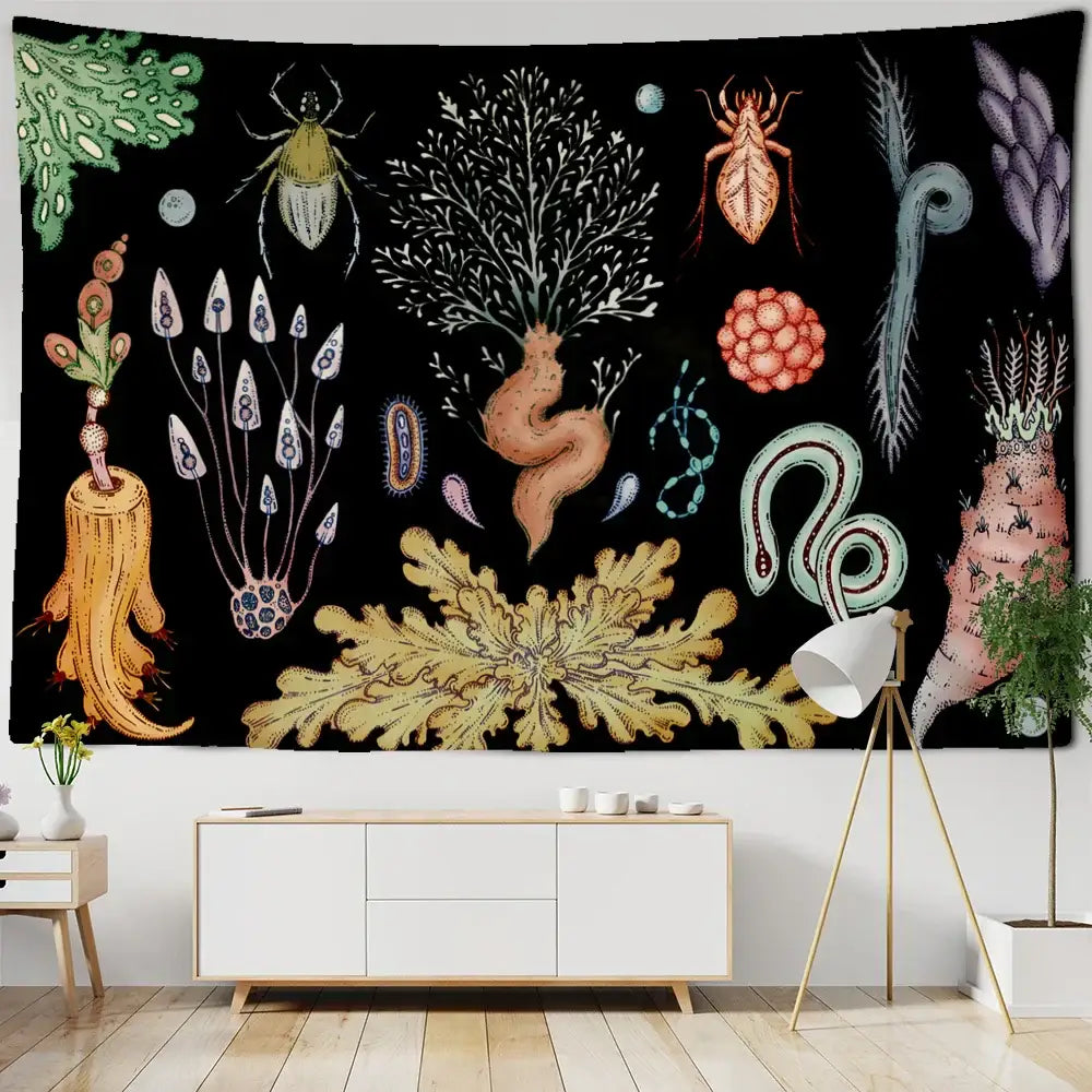Boho black and gold moon starry sky mushroom tapestry bedroom decor