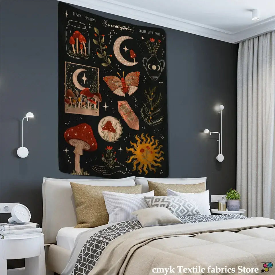 Boho black and gold moon starry sky mushroom tapestry bedroom decor