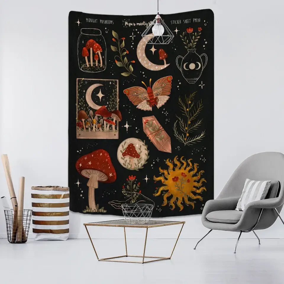 Boho black and gold moon starry sky mushroom tapestry bedroom decor
